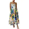 Verano 2026 Nuevo Estilo Transfronterizo Europeo y Americano Comercio Exterior Ropa de Mujer Moderna y Elegante Estampado Vestido de Tirantes de Cintura Alta Falda Larga