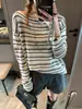 Top de punto Moqi Lazy Daily Mezcla de Tencel y Lino Corte Relajado Bloque de Color Texturizado Rayado MQ1883