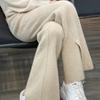 25 Pantalones Casuales de Punto Grueso de Lana Pura Cuatro Agujas con Abertura Lateral y Bolsillo con Solapa, Pantalones de Pierna Ancha de Color Puro Suelto