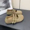 Sapatos Mary Jane vintage de camurça estilo francês, novos para a primavera de 2025, versáteis, bico redondo, fivela dupla, estilo Birkenstock, sapatos casuais