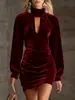 Vestido de Mujer Otoño e Invierno Estilo Europeo y Americano Amazon Terciopelo Coreano Estilo Chica Picante Lujo Ligero Color Sólido Gama Alta Cuello Alto Sexy Bodycon
