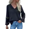 Yiyi Primavera y Otoño Popular Camisa de Manga Larga con Retazos de Encaje Pulóver Cuello en V Camisa Calada Ropa para Mujer Transfronteriza de Amazon
