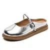 Sapatos Mary Jane Femininos Meio-Mules Fechados Estilo Francês Modelo Novo 2025 Prata Boca Rasa Sandálias de Salto Grosso Chinelos Slip-On de Solado Macio
