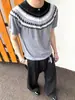 T-shirt Masculina de Tricô Fair Isle Manga Curta Gola Henry de Alto Padrão Cleanfit Estilo Old Money Meia Manga