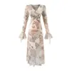 Vestido Longo Estampado Retro Francês Decote V Mangas Folha de Lótus Fenda Cadarço Manga Longa Outono Cintura Modeladora Visual Elegante Saia Longa