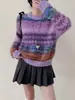 Suéter Pulôver com Gola Redonda, Bloqueio de Cores, Faux Mink Brilhante, Seda, Estilo Suave para Mulheres, Outono e Inverno, Modelagem Solta, Tricô Fair Isle, Cor Degradê
