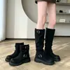 2026 Nuevas Botas Negras Cuadradas con Hebilla de Cuero de Media Pantorrilla para Mujer Moda Tacón Bajo Arrugadas de Caballero Botas Largas