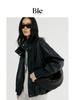 Chaqueta de Cuero Corta Negra Mate Texturizada Bie para Mujer de Gama Alta Retro con Cuello Alto y Cremallera Chaqueta de Motociclista