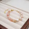 Pulsera Romántica Francesa de Perlas Rosas, Pulsera de Perlas de Agua Dulce y Piedra Solar, Joyería de Mano Elegante y Elegante para Mejor Amiga