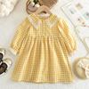 Novo Vestido de Outono para Meninas Xadrez Amarelo e Branco Fresco e Simples Gola de Renda Manga Longa Saia Venda Quente Transfronteiriça
