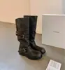 Versión de Piel de Vaca del Mismo Estilo, Pierna Ancha, Circunferencia de Pantorrilla Grande, Bota de Punta Redonda con Tacón Grueso y Suela Gruesa, Botas de Montar de Cuero Genuino de Longitud Media para Mujer, Invierno