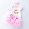 Verão Transfronteiriço Novo Estilo Princesa Roupa Infantil Manga Curta Estampada Macacão Harper para Engatinhar Vestido Rosa Saia de Seis Camadas Roupa de Bebê