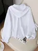 2026 nova camisa com capuz feminina manga longa solta modeladora casual jaqueta cardigã listrada top branco atacado