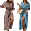Foto Real de Vestido Bohemio Estampado de Rayón con Mangas Tres Cuartos y Cintura Ceñida, Adecuado para Viajes y Vacaciones, con Cierre de Botones al Frente y Diseño Listo para la Playa