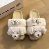 Pantuflas de Peluche Rizadas y Esponjosas Estilo Coreano para Mujer, Ropa de Casa Otoño/Invierno, Exteriores Antideslizantes, Suela Suave, de una Sola Tira, estilo Joven