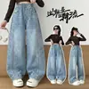 Jeans Wide Leg Feminino Solto Cintura Alta Azul Claro Comprimento Total Para Crianças Pequenas e Mais Velhas Moda Infantil Calças Casuais Estilo Tendência Outono