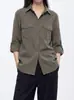 Camisa de Trabajo Vintage Archivum Verde Militar Mezcla de Lyocell Cuello de Solapa Manga Media Corte Relajado Manga Larga para Otoño