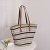 Bolso de hombro de paja tejido con rayas y flores antiguas de estilo vintage, elegante y portátil, bolso de playa para mujer