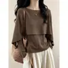 Suéter de punto tipo capa chal marrón para mujer, nuevo estilo de principios de otoño, talla grande, ligeramente holgado, top de imitación de dos piezas