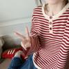 Suéter de Punto Holgado con Rayas Rojas Estilo Perezoso 2026 para Mujer, Otoño e Invierno, Tejido que Ilumina y Reduce la Edad para Mujer