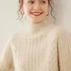 Suéter de Punto Grueso de Cachemira de Tres Hilos para Mujer, Cuello Semi-Alto, Trenzado, Mangas Raglán, Camisa Base Otoño e Invierno