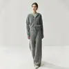 Traje de cachemira de punto gofre estilo old money para mujer, cárdigan holgado con capucha, pantalones de pierna ancha, abrigo grueso de punto para otoño e invierno, estilo casual