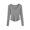Camiseta Base Retro Francesa de Cuello Redondo con Media Cremallera y Mangas Largas para Mujer, Nuevo Versátil de Principios de Otoño, Ajustado, Cintura de Hormiga, Top Curvo