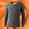 Roupa íntima térmica masculina de veludo dourado para inverno, camiseta de manga comprida, gola redonda, forro de lã, camisa de base espessada, cor sólida, roupa interna, roupas de outono