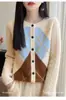 Cardigã de malha 100% lã com padrão losango estilo academia para mulheres, blusa color block para outono e inverno, suéter casaco casual e quente