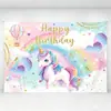 Nova decoração de fundo de aniversário com tema de unicórnio para comércio exterior transfronteiriço, tecido de fundo de arco-íris para festa de aniversário em estilo sonhador