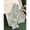Calça de Pijama Listrada com Cordão Estilo Coreano para Mulheres, Verão, Cintura Alta Elástica, Solta, Macia, Respirável, Adequada para Caminhar ao Ar Livre ou Relaxar em Casa