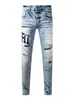 Marca de moda de alta costura transfronteriza, nuevo estilo, parche de letras, color claro, desgastado, corte ajustado, jeans rotos para hombres a la moda