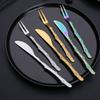 Cuchillo y tenedor de acero inoxidable para pastel de luna, creativo tenedor de fruta dorada con patrón de rama, juego de cuchillo y tenedor para pastel de luna desechable.