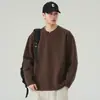 Camiseta de manga longa lisa para homens, primavera/outono 2026, suéter estruturado com gola V, caimento solto, estilo americano, versátil, moderno, simples