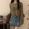 Suéter de Punto para Mujer, Estilo Corto, Estilo Coreano, Corte Holgado, Calado, Color Sólido, Tejido de Punto, Nuevo Modelo Primavera/Verano 2026, Top Chaqueta de Manga Larga