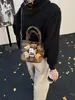 Nova Estampa Maillard Xadrez Desenho Animado Gatinha Bolsa de Mão Bolsa Transversal Pequena de Pelúcia Estilo Retrô Bolsa de Balde para Menina