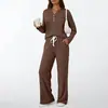 Conjunto informal de punto acanalado cepillado de dos piezas para otoño/invierno 2026, europeo y americano, con mangas largas holgadas y pantalones largos