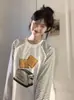 Camiseta Fina de Manga Larga con Estampado Divertido para Otoño Temprano, Diseño Casual Holgado para Mujer, Cuello Redondo, Top de Retazos Rayados