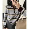 Suéter Tricô Listrado Colorido Retro Americano com Zíper Meio Zíper Feminino Primavera Outono Solto para Camada Sensação Preguiçosa Top de Tricô