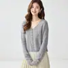 Novo Cardigan de Malha Cashmere Feminino Cor Lisa Outono Decote V Vazado Solto Emagrecedor Versátil Top Vazado