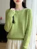 Suéter de Lana Hueca Tejido a Crochet para Mujer, Tejido 100% Lana Pura, Suéter Delgado Verde de Otoño, Top Básico de Corte Holgado