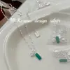 Collar de Plata de Ley S925 con Corazón Verde de Pegamento y Circonita Cuadrada Dongdaemun Diseño de Nicho Corea del Sur con Elegante Elegante