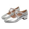 Sapatos Femininos Teahoo Verão Novo Retro Prata Salto Médio Espesso Sapatos Mary Jane Tira Cruzada Bico Quadrado Boca Rasa Casual Sapatos de Camada Única