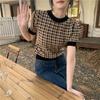 Verão Novo Design Retrô Nicho Pied-de-poule Tricô Bufante Manga Curta Camiseta Feminina Sexy Top Curto