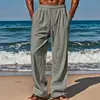 Calça Masculina Casual de Algodão e Linho Solta Cor Sólida com Cadarço Confortável - Novo Lançamento Amazon Europeu e Americano 2024