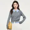 Tecido Veludo Ártico Estilo College Falso Duas Peças Color Block Gola Polo Cardigan de Tricô Top Feminino Outono Inicial 2026