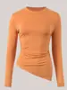 Top de Yoga para Chicas Latte Cuello Redondo Blusa con Abertura Top Deportivo Ajustado Plisado Ropa de Yoga de Manga Larga para Mujer
