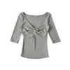 Camiseta Feminina de Verão com Nó Frontal Sexy, Decote V Profundo, Manga Média, Ombros Normais, Modelagem Slim, Camada Base, Top Curto