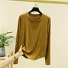 Nova Camisa Base Modal com Gola Redonda e Manga Longa Patchwork Emagrecedora para Mulheres, Top Liso para Primavera e Outono, Camiseta Plus Size de Corte Justo para Mulheres