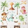 Adesivos de Parede de Dinossauro em Aquarela, Dinossauro Cartoon e Palmeira Autoadesivos, Decorações de Parede para Quartos Infantis e Jardins de Infância